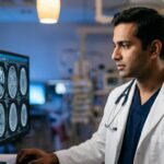 Neurosurgeon evaluating brain scans for meningitis diagnosis and emergency neurocritical care at Alright Hospital Nagpur