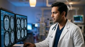 Neurosurgeon evaluating brain scans for meningitis diagnosis and emergency neurocritical care at Alright Hospital Nagpur